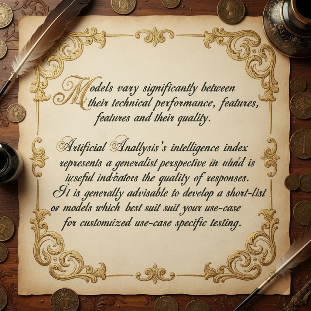On a flat layout, write in an ornate baroque style "Models vary significantly between their technical performance, features and their quality. Artificial Analysis's intelligence index represents a generalist perspective and is useful as an indicator of the quality of responses. It is generally advisable to develop a short-list of models which best suit your use-case for customized use-case specific testing. "