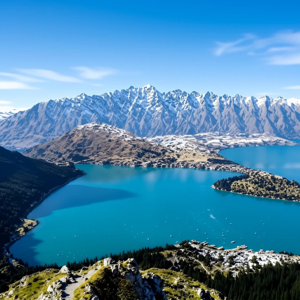 Queenstown's Lake Wakatipu, viewed from the top of Queenstown Hill after a snowstorm just dusted the top of Cecil's Peak