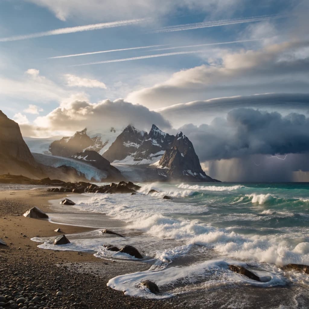 A stunning mountain vista pokes through the cloud top. Contrails from a distant airplane linger in the air. In the foreground there is a stony beach with foamy seas. A thunder storm is visibile in the distant right.