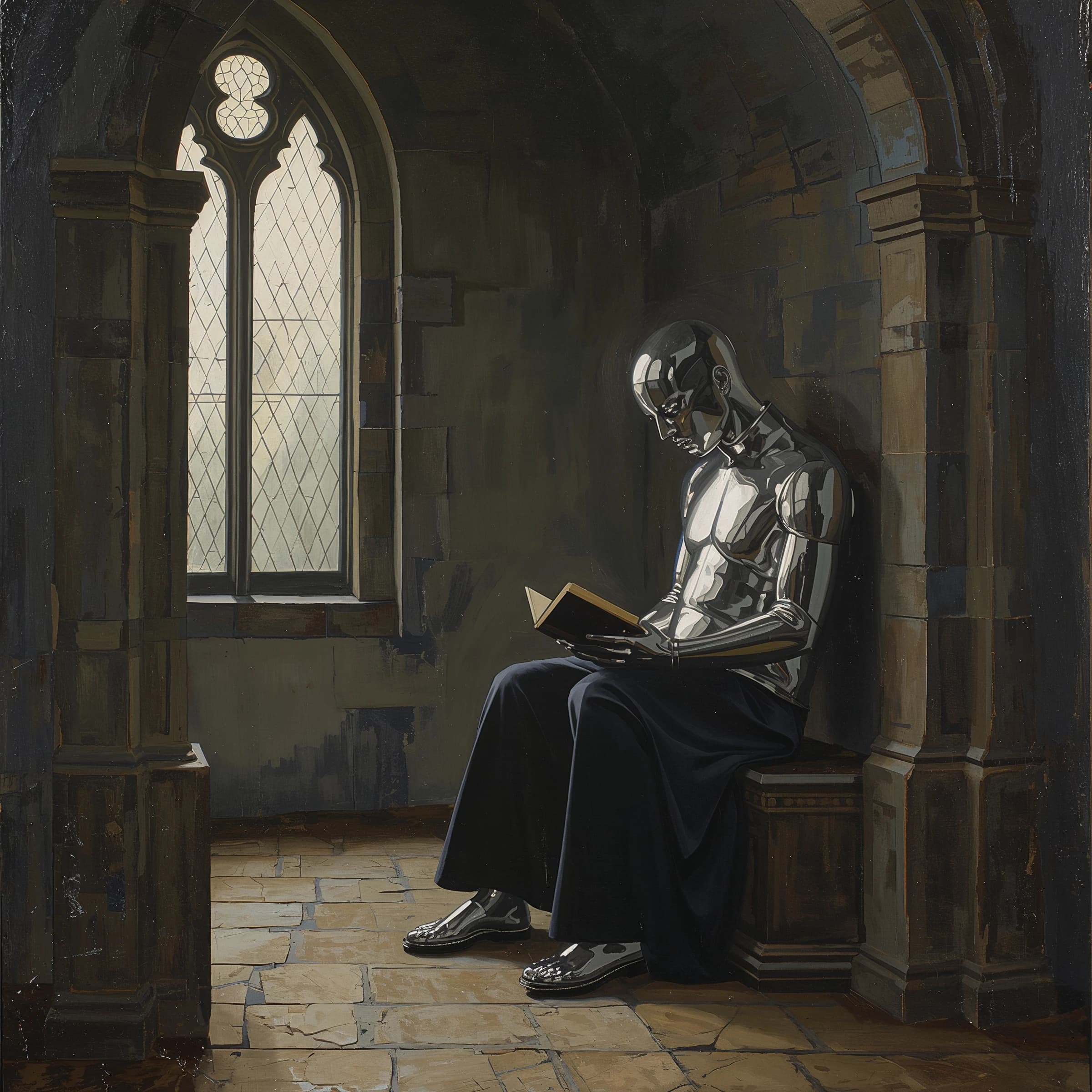 Oil painting of a chrome android reading in a stone chapel, a bit somber.