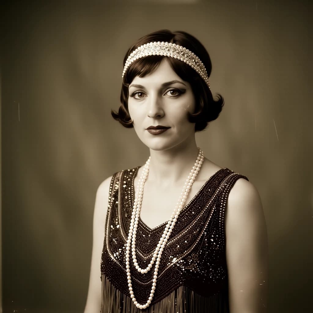 Sepia-toned studio portrait of a flapper with pearl necklace, soft grain.