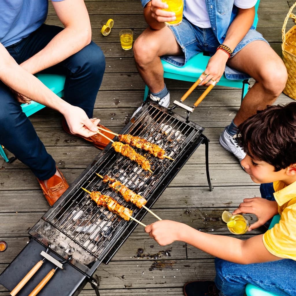 Friends grill skewers on a slightly messy patio.