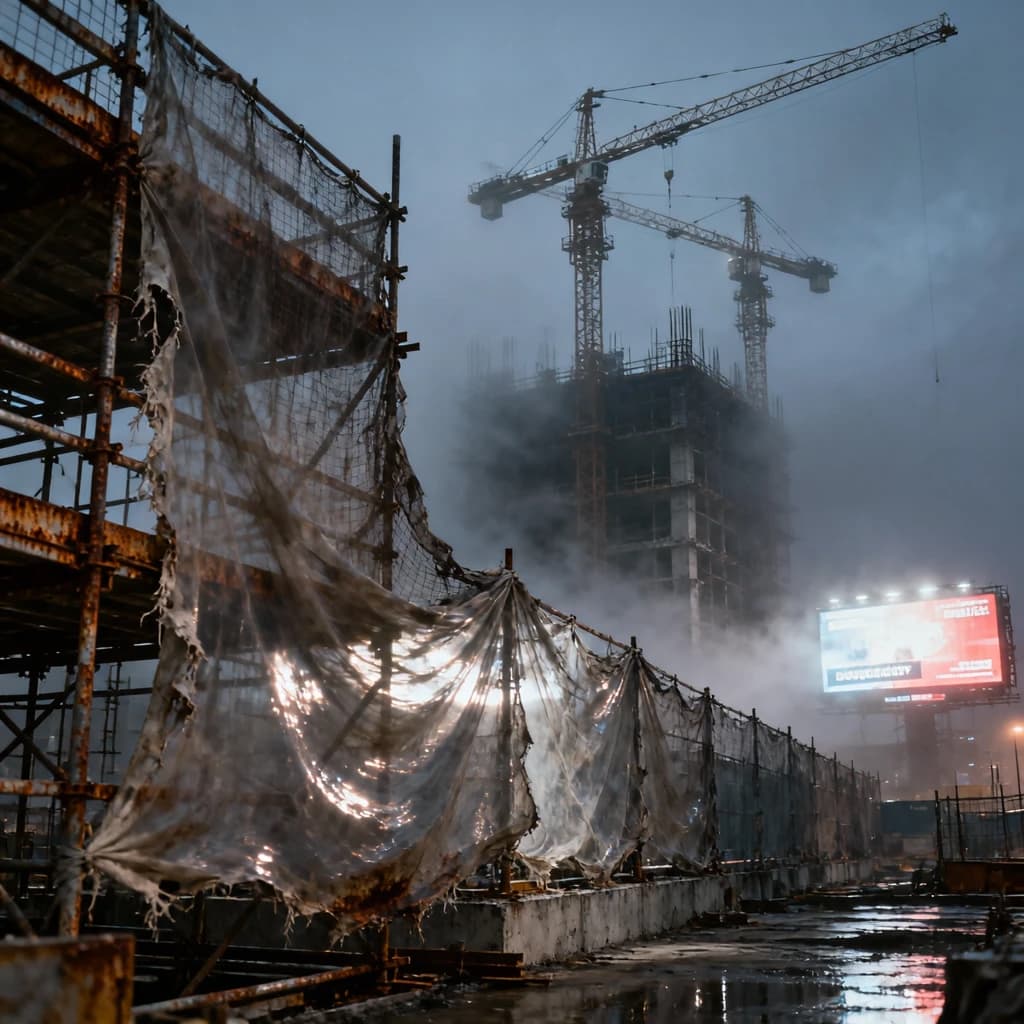 A construction site stretched upward into fog, cranes frozen in silhouette. Wind rattled scaffolding draped with torn mesh that glowed faintly from nearby billboards
