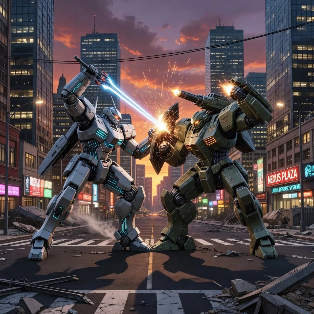 Make a cel-shaded mecha duel at dusk downtown.