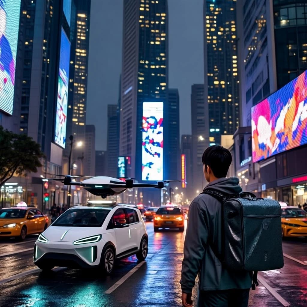 Rain-soaked neon megacity at night, flying taxis weave between glass towers, giant holograms flicker; a lone courier in a matte exosuit, somewhat cinematic wide angle.