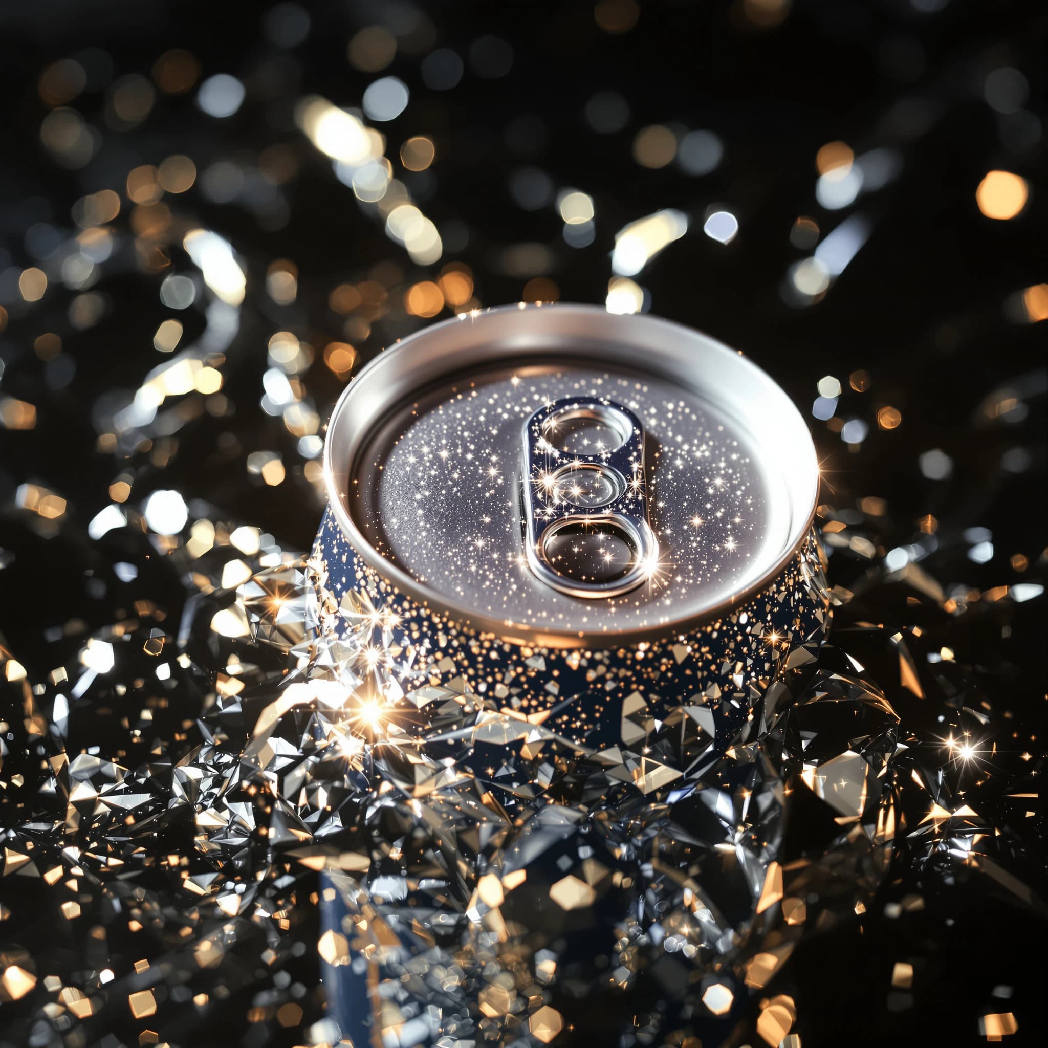 A close-up ad shot of sparkling soda can on glossy acrylic, harsh top light.