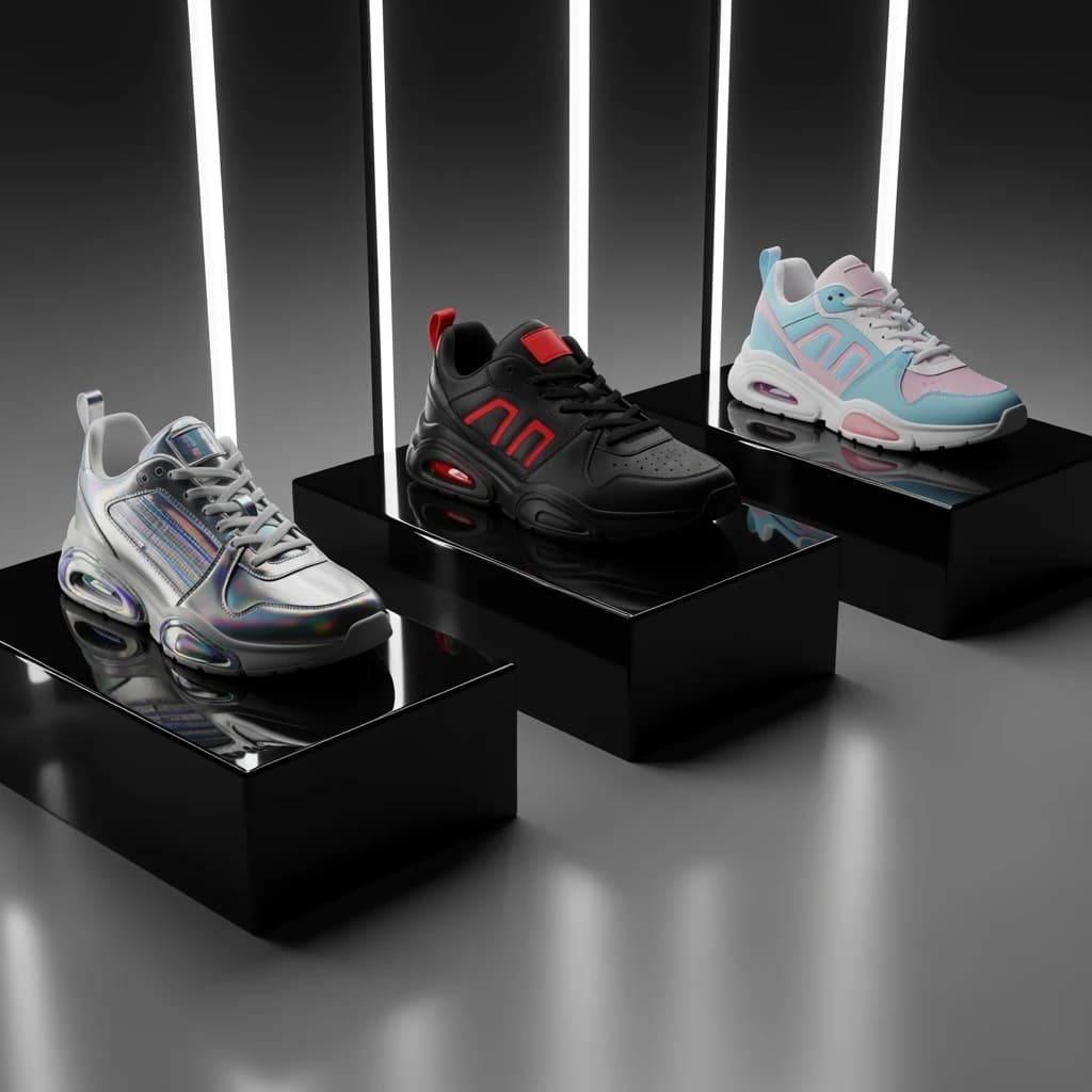 Make a polished 3D ad render: sneakers on glossy plinths, rim lighting.