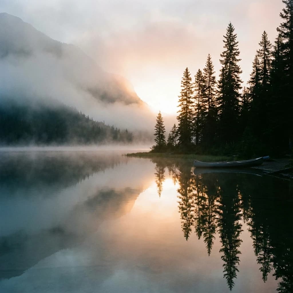 I want a photo of a misty alpine lake at dawn, pines, glassy water, warm light.