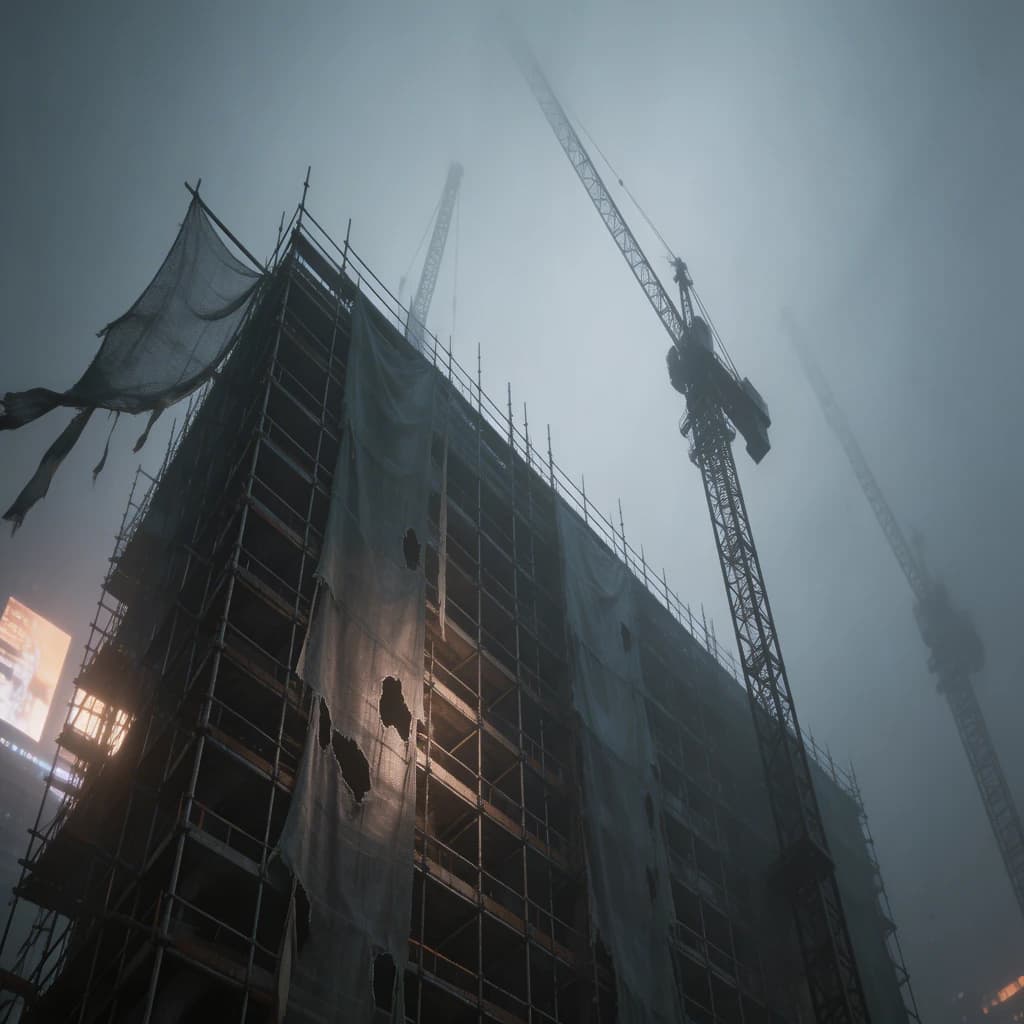 A construction site stretched upward into fog, cranes frozen in silhouette. Wind rattled scaffolding draped with torn mesh that glowed faintly from nearby billboards