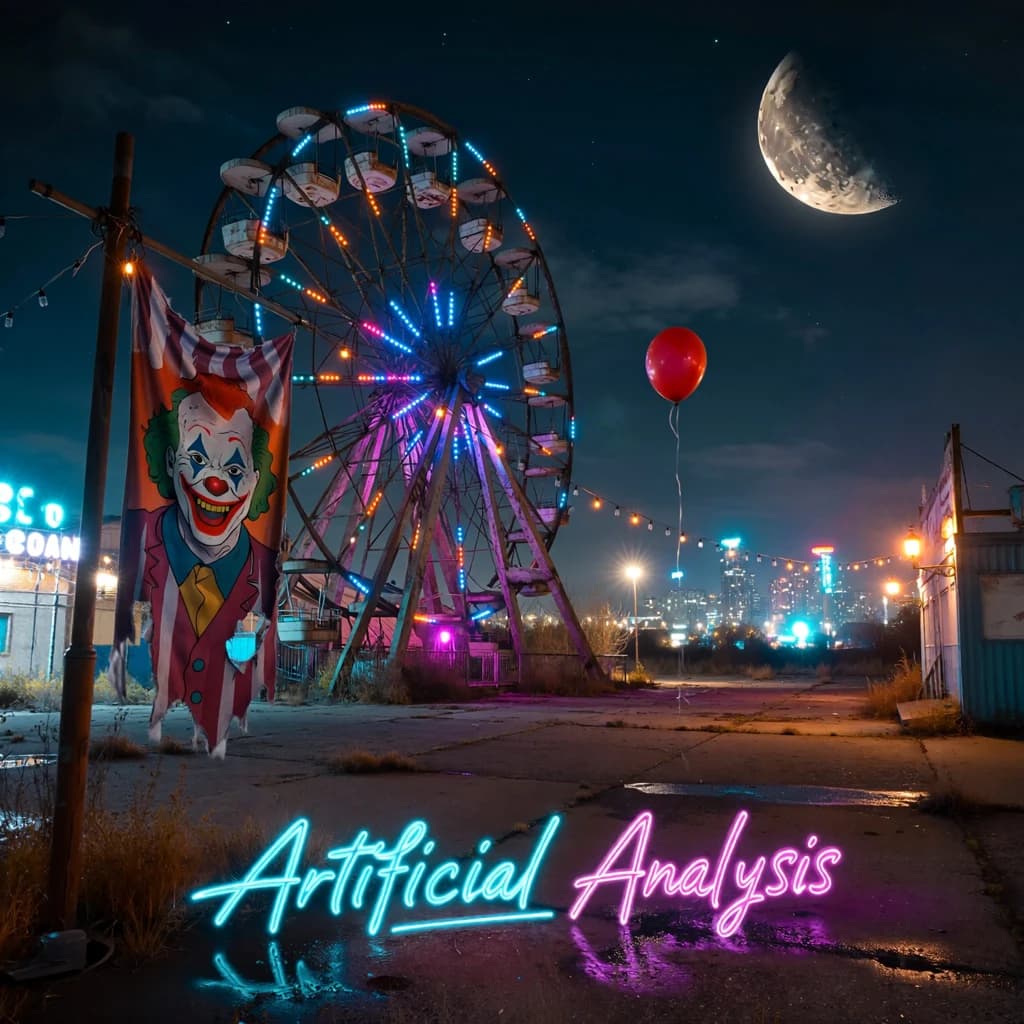 A deserted amusement park glows faintly under a half-moon. The ferris wheel is rusting yet strung with fresh, blinking LED lights. A torn clown banner flaps in a windless air. A lone balloon floats upward, tethered to nothing, while in the far distance city lights flicker on - some neon, some gas lamps as though from another century. 'Artificial Analysis' glows in neon
