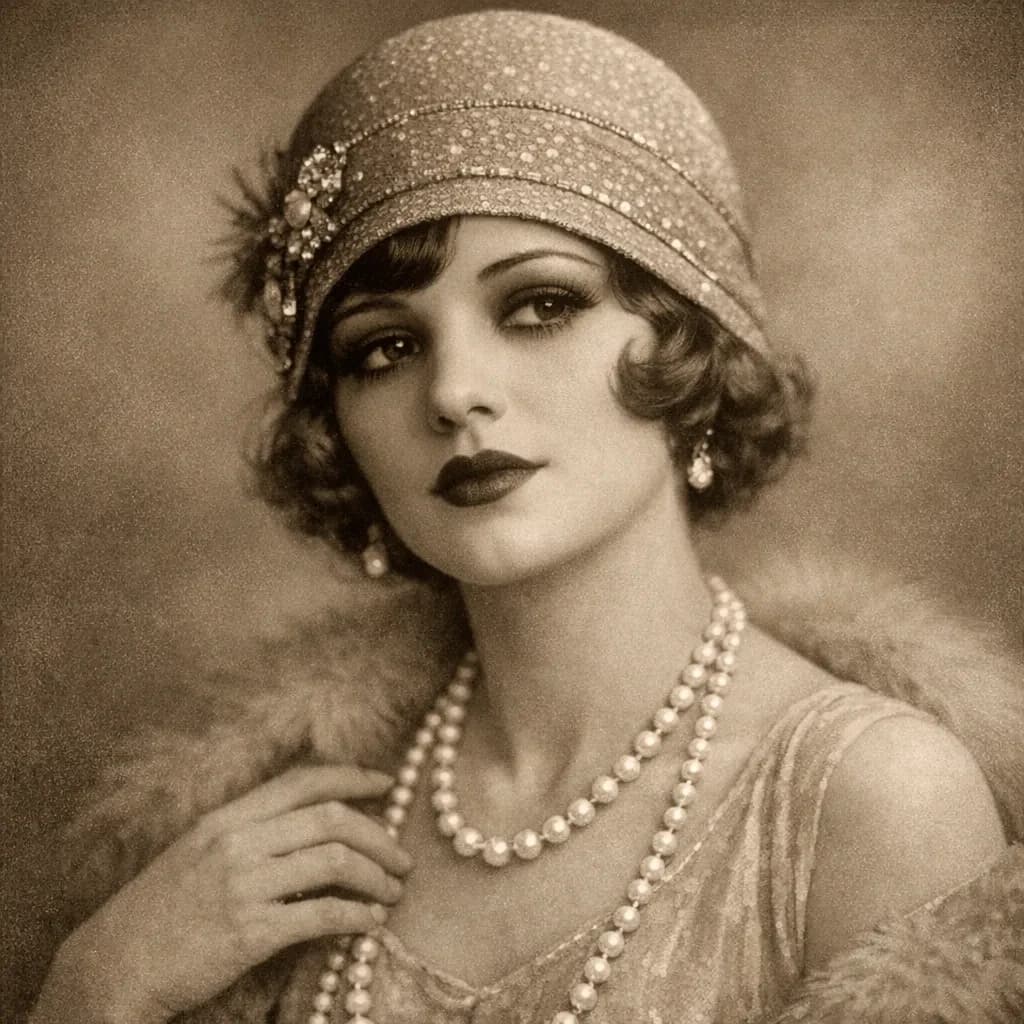 Sepia-toned studio portrait of a flapper with pearl necklace, soft grain.