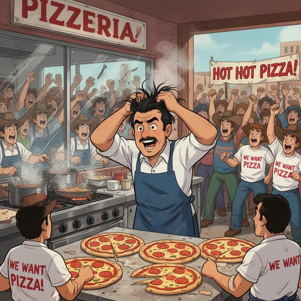 Pasquale is pulling his few remaining hairs out over a disaster at the pizzeria - the cooks are working as fast as they can but the crowds outside are swelling and they demand hot hot pizza! They are banging on the glass and some are wearing "we want pizza" shirts. 1980s western TV animation style.