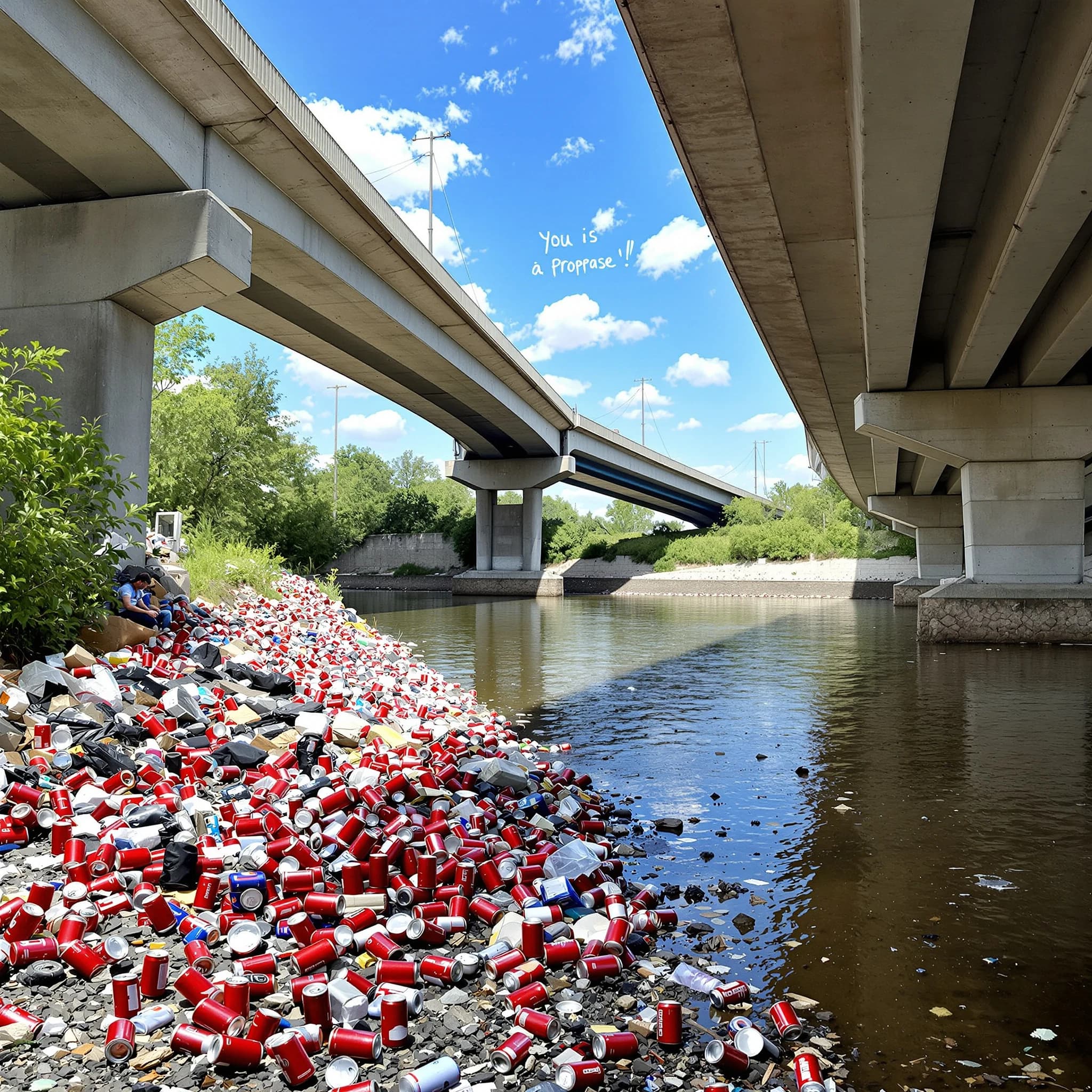 Red soda cans and other garbage sit strewn across the bank of an urban river only a few metres wide. Concrete overpasses criss cross overhead on a bright and sunny day. Fading skywriting proposes marriage