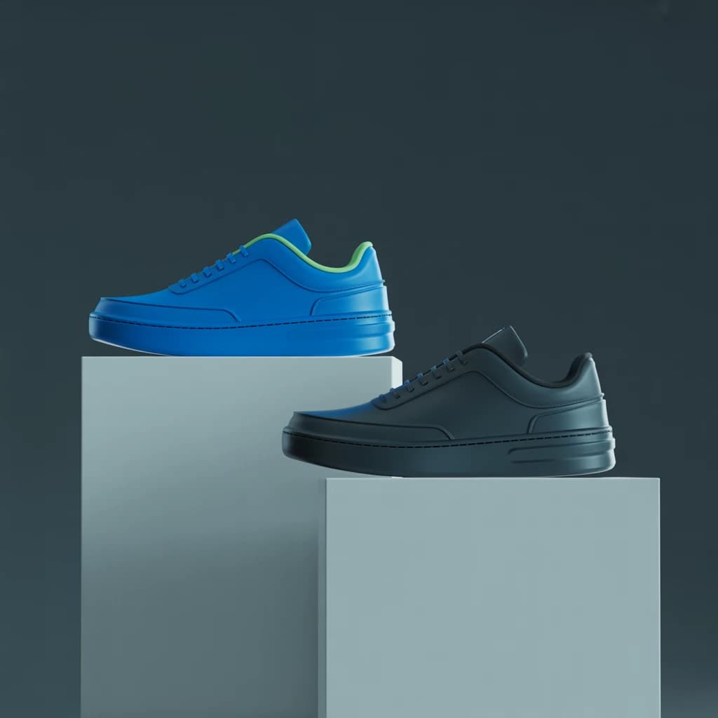 Make a polished 3D ad render: sneakers on glossy plinths, rim lighting.