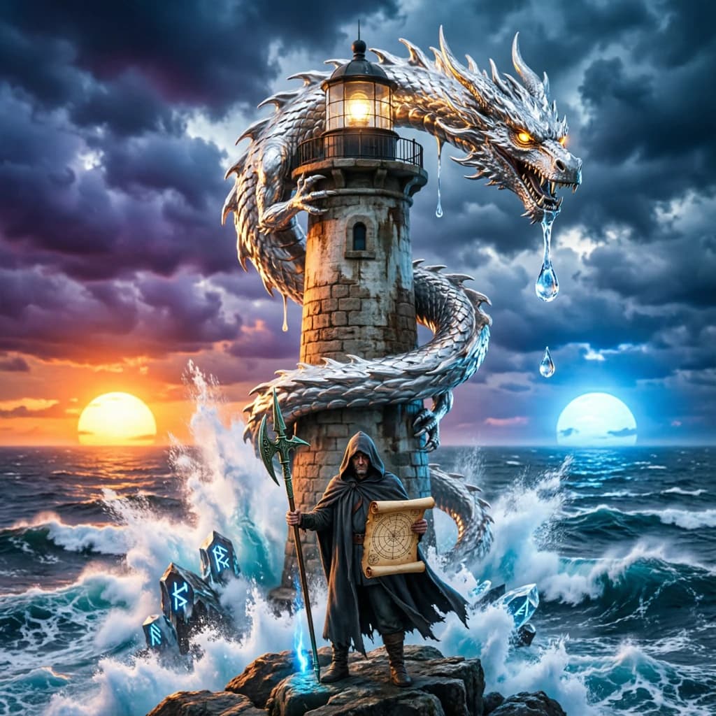 A dragon of molten silver coils around a lighthouse. The storming sea below crashes upward in frozen stillness, as though caught mid-motion. The dragon’s molten eyes drip tears of ice. On the horizon, two suns set next to each other, casting orange light on one side of the tower and blue on the other. A cloaked traveler carries an ancient weapon in his left hand and a scroll in his right.
