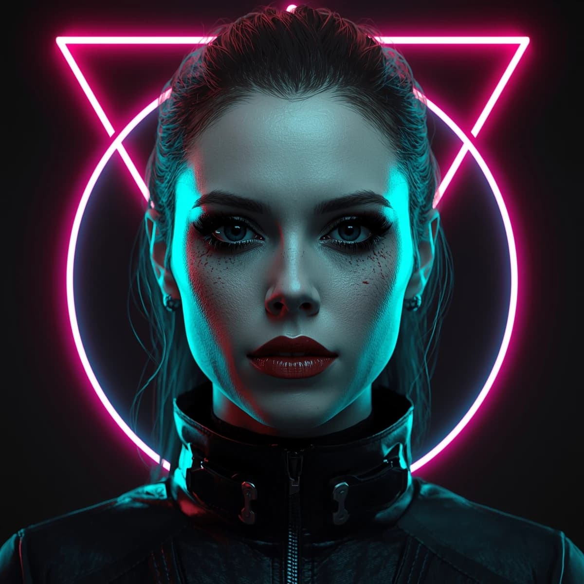 Render a stark 3D portrait of a stern woman, neon accents and vector overlays.