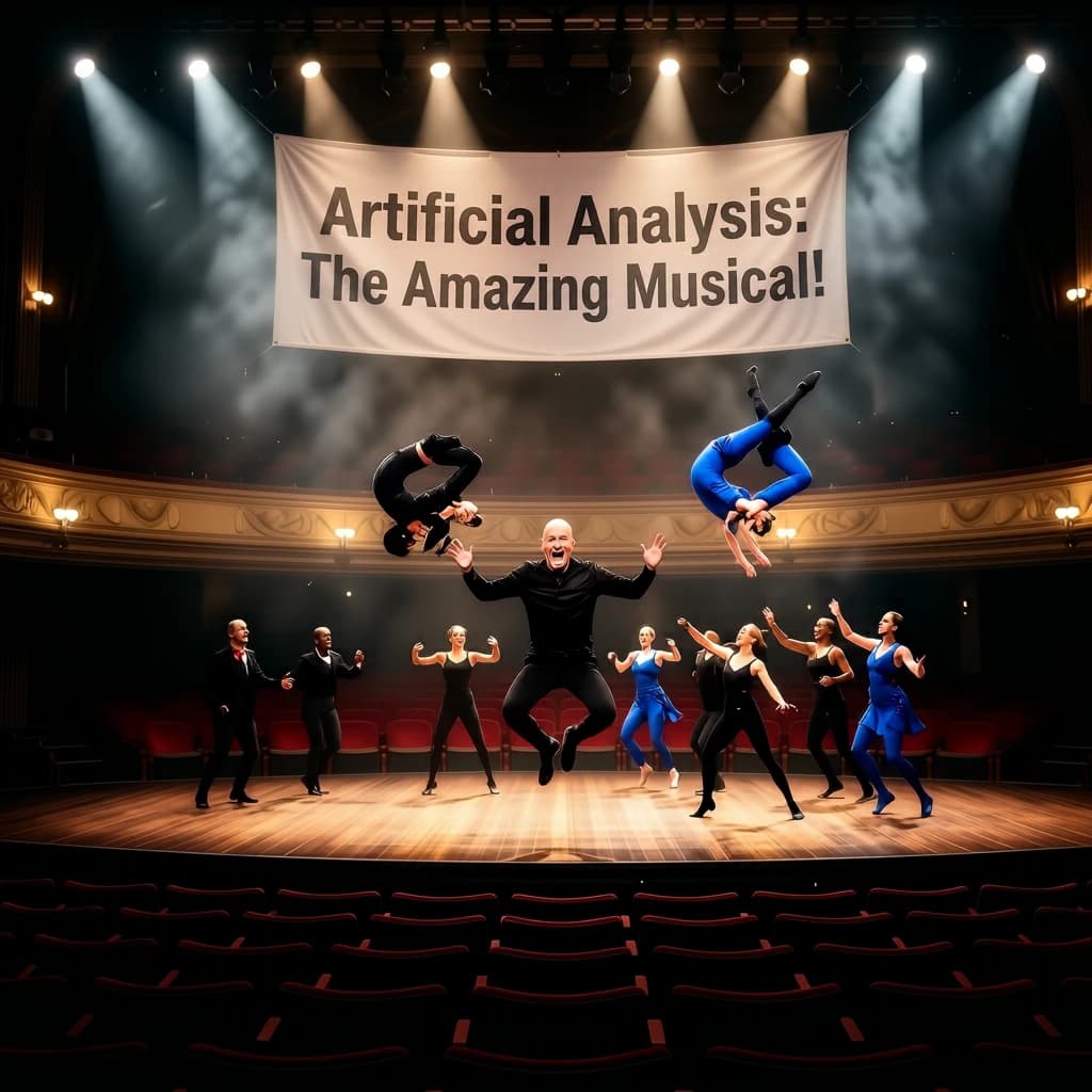 The musical troupe do a rehearsal in a large, empty theatre. 9 people are on the stage, half wear black and the others wear blue. The skinny bald director, seated in the second row, is practically leaping out of their seat with excitement as the leads nail their aerial. A giant banner reading "Artificial Analysis: The Amazing Musical!" is behind the actors.