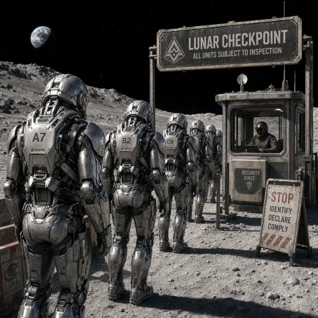 Silver exosuits queue at a dusty lunar checkpoint.