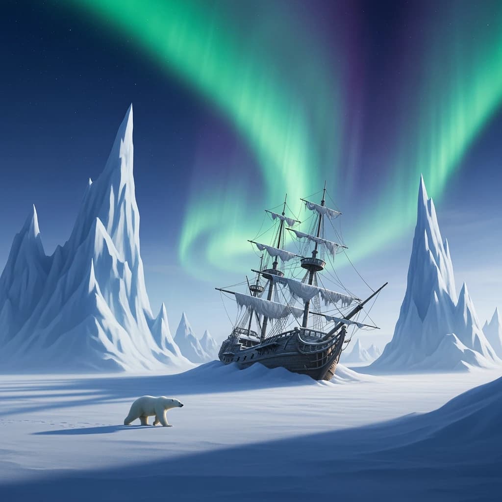 An endless tundra stretches outward, littered with jagged icebergs shaped like cathedral spires. A polar bear trudges across the foreground but leaves no tracks. Auroras ripple overhead. A half-buried shipwreck juts from the snow — sails billowing despite the still air.