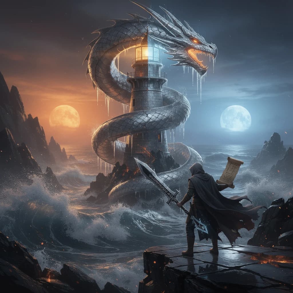 A dragon of molten silver coils around a lighthouse. The storming sea below crashes upward in frozen stillness, as though caught mid-motion. The dragon’s molten eyes drip tears of ice. On the horizon, two suns set next to each other, casting orange light on one side of the tower and blue on the other. A cloaked traveler carries an ancient weapon in his left hand and a scroll in his right.