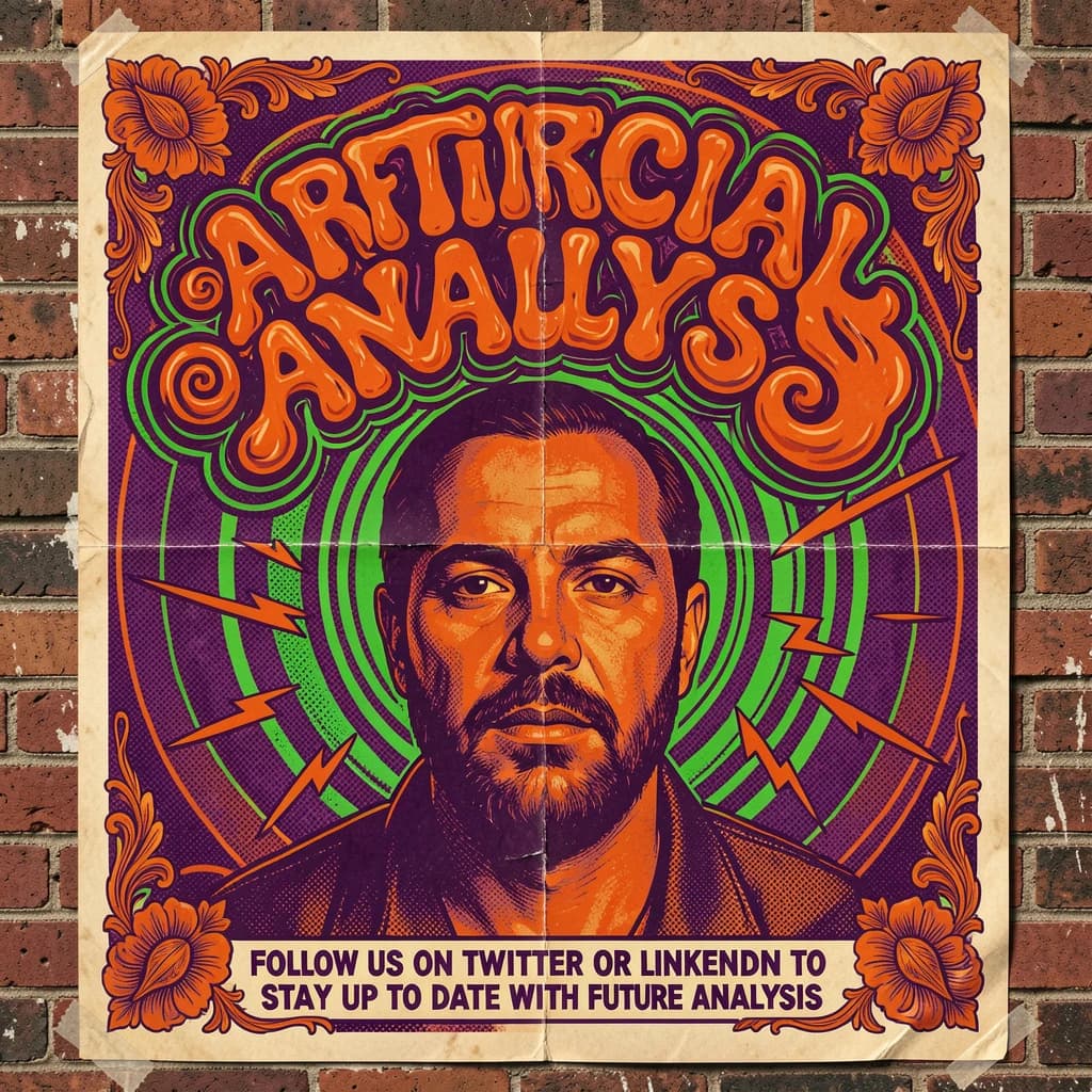 A portrait layout psychedelic concert poster from 1972 bathed in saturated oranges, deep purples, and acid greens. Swirling, hand-drawn typography arcs across the top, spelling out Artificial Analysis in bold, distorted letters that melt into spirals. Surrounded by radiating concentric circles and lightning-bolt motifs. The background is textured with halftone dots and faded paper creases, evoking a well-worn poster taped to a brick wall. Ornate floral borders frame the design, while the bottom features blocky retro lettering listing “Follow us on Twitter or LinkedIn to stay up to date with future analysis” in smaller text. 