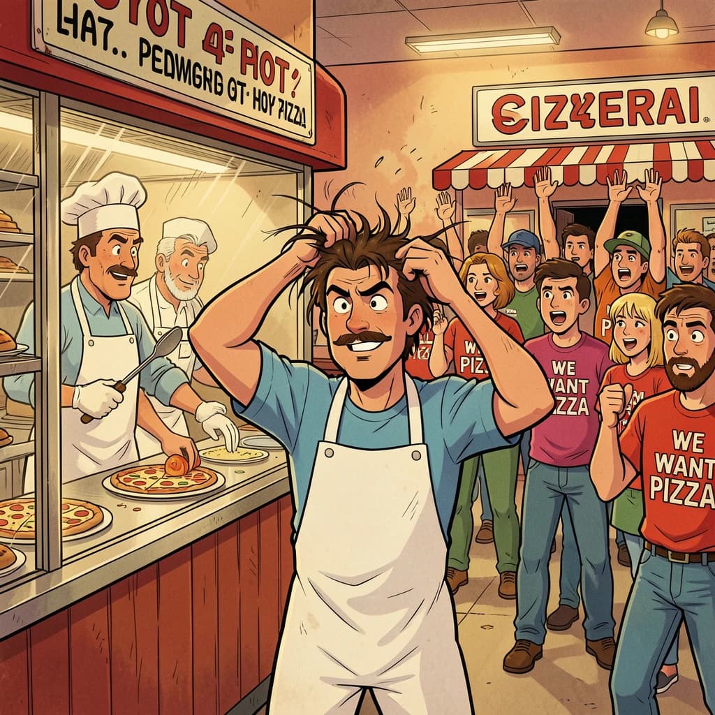 Pasquale is pulling his few remaining hairs out over a disaster at the pizzeria - the cooks are working as fast as they can but the crowds outside are swelling and they demand hot hot pizza! They are banging on the glass and some are wearing "we want pizza" shirts. 1980s western TV animation style.