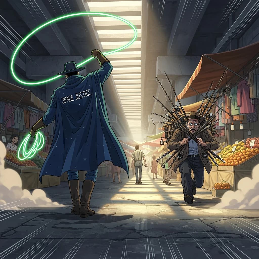 The space cowboy chases the deranged fisherman underneath the causeway, eager to collect on his bounty. Fishing rods and lines hang off the back off the fishermen as he darts between the bustling market crowd. We see the back of the space cowboy in his space poncho emblazoned with the words SPACE JUSTICE, spinning his lasso over his head. A child on the sidelines excitedly cheers the cowboy. 1990s hand drawn anime style with strong fluidity