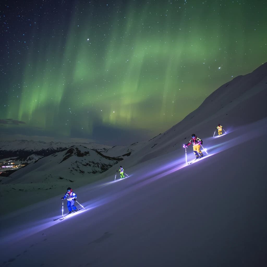Coronet Peak Night Skiing: Skiers in colorful LED suits carve their way down the slopes of New Zealand's Coronet Peak under the Aurora Borealis, the skiers' light trails visible behind them