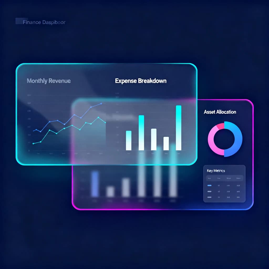 Make a dark mode finance dashboard with charts, glassmorphism, soft neon glow.
