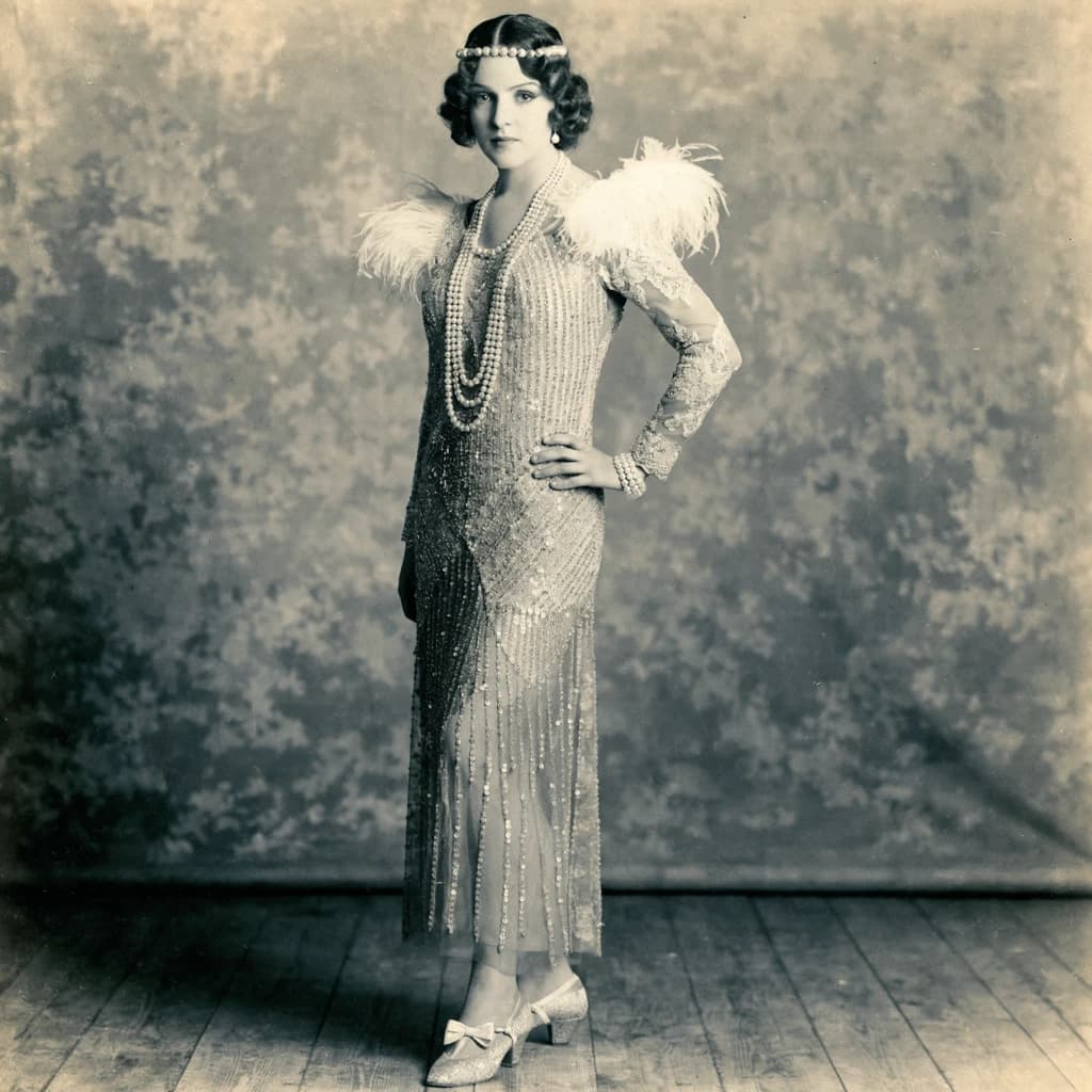 Sepia-toned studio portrait of a flapper with pearl necklace, soft grain.