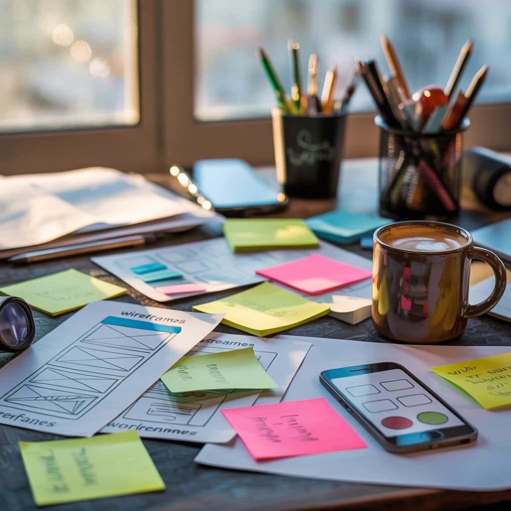 Close-up photo shows a messy desk, wireframes, sticky notes, mobile mockup, mug.