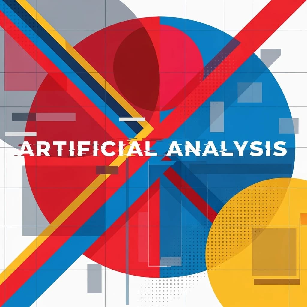 A bold poster composition dominated by flat geometric shapes in crimson, cobalt, and ochre. Overlapping circles and sharp diagonal lines create dynamic tension across the frame. A single sans-serif word — Artificial Analysis — stretches across the center in stark white, distorted slightly as though caught mid-glitch. The background is textured with halftone dots and faint grid lines, while subtle overlays of translucent rectangles suggest depth. Designed in the spirit of modernist Swiss typography fused with digital glitch aesthetics.