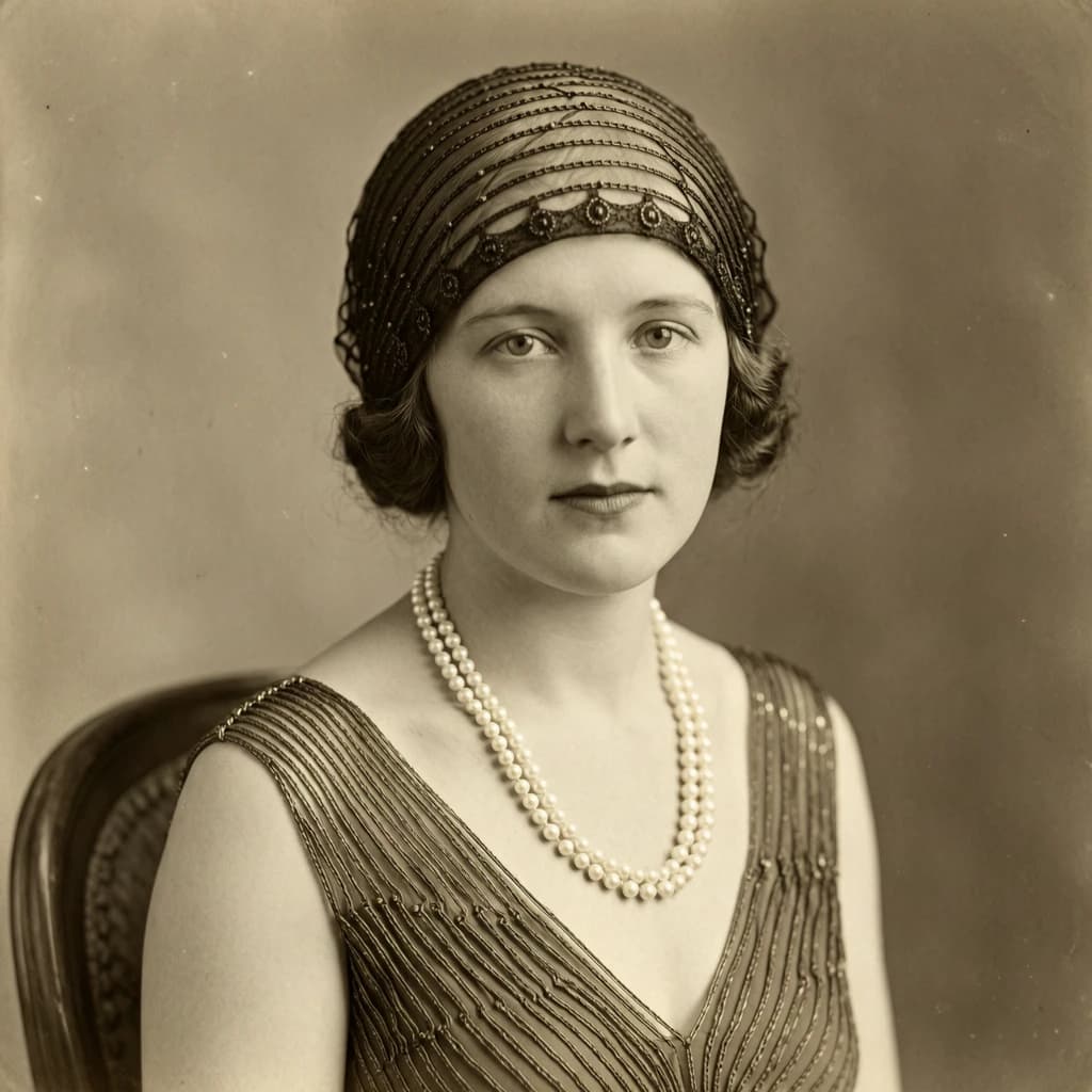 Sepia-toned studio portrait of a flapper with pearl necklace, soft grain.