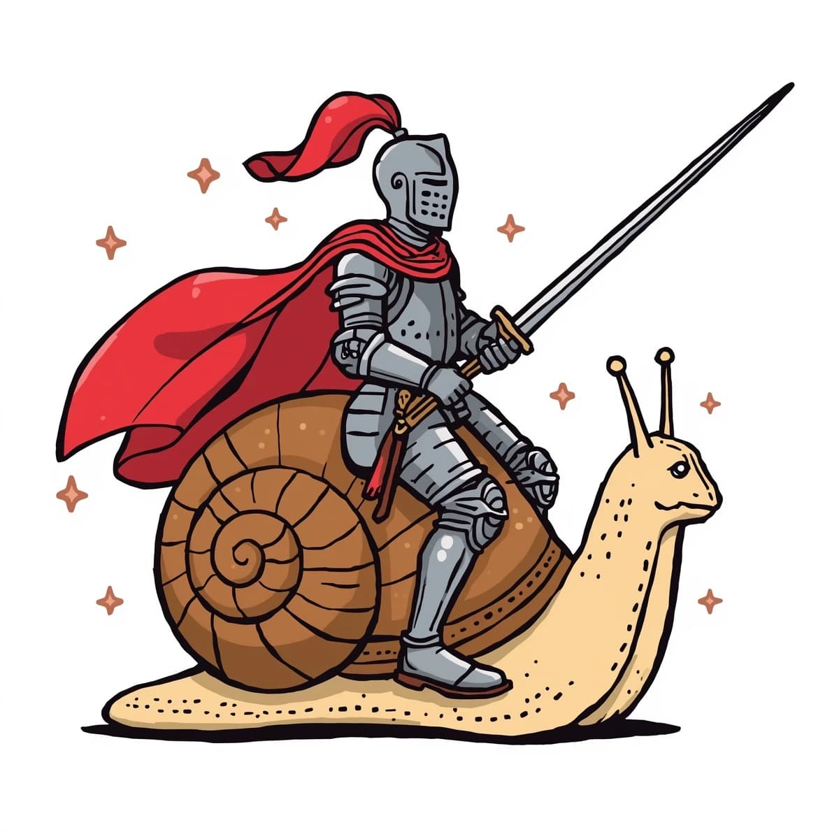A knight rides a snail, bold lines, flat color.