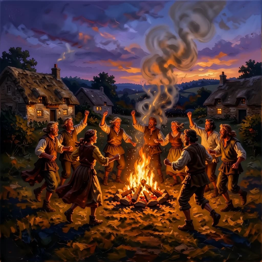 Make an oil painting of villagers dancing by a bonfire at dusk, a bit smoky.
