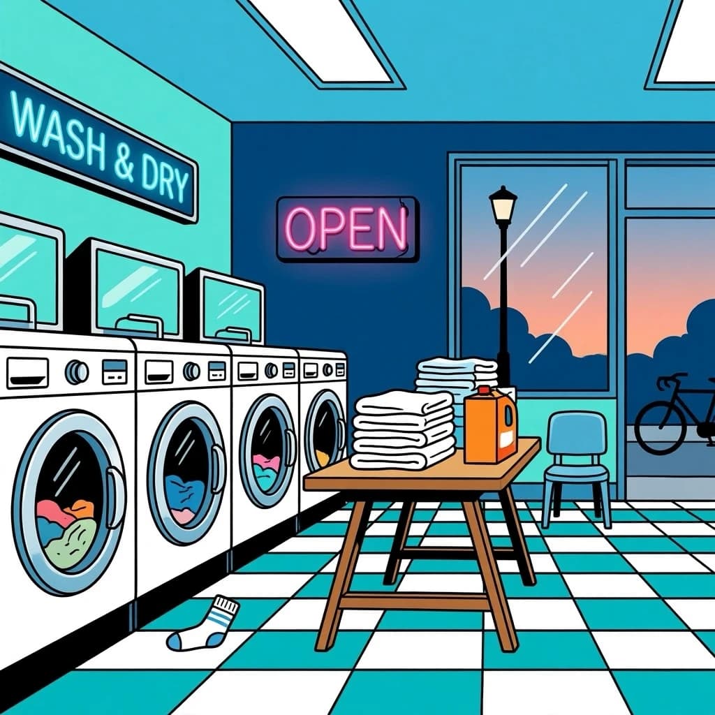 A cozy laundromat at dusk, neon humming, flat colors, bold inked lines.
