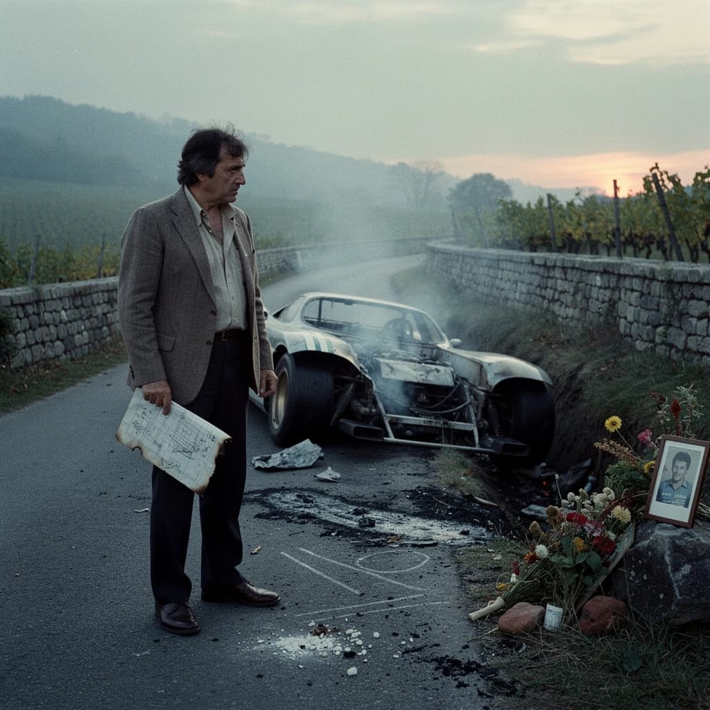 Mario examines the still smouldering wreck of the crash that took his best driver on the side of the country road. He designed this car and caused this. 3 days have passed since the crash. It's 1973 in Northern Italy.