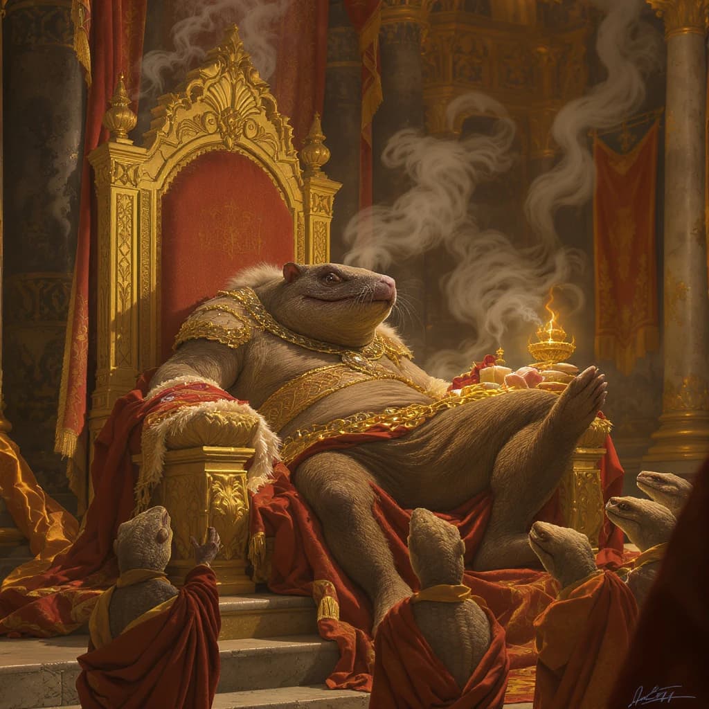 Big Weasel, the tyrannical ruler of the Levitus, slouches on his throne, his mood foul but somewhat brightened by the sight of gifts - a wearisome group of lizard traders adorned in fine silks proceed toward him through the hall with their annual tribute of biscuits, ham and gold - Big Weasel's favourites. Big Weasel's entourage looks on with stern approval.
