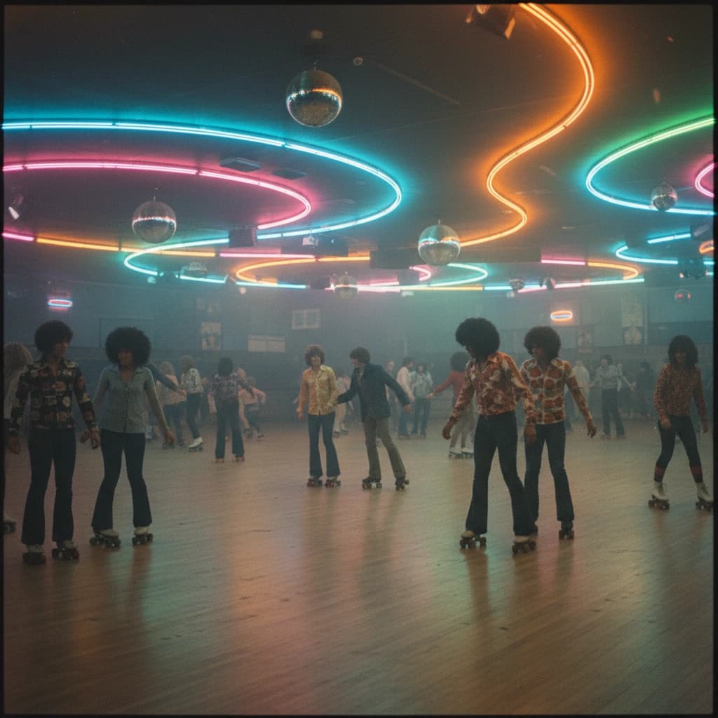 A 1970s roller rink crowd skates under neon, with a bit of fade and film grain.