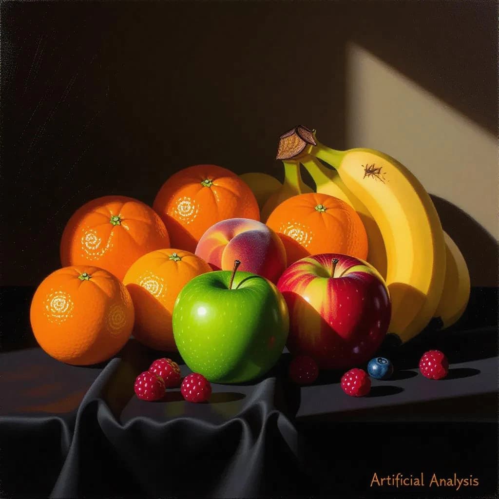 A still life scene painted oil on canvas, comprising various fruits on a black table cloth with striking lighting coming from the right out of frame, creating strong shadows. A bruised green apple is in the foreground, a peach behind it, and behind that a melange of oranges and bananas in various states of ripeness. Berries are strewn in front of the apple. The artist has signed his name "Artificial Analysis" in the bottom right corner in a hurried fashion.