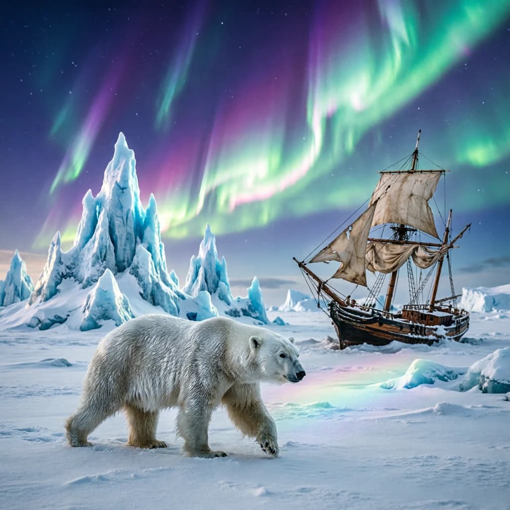 An endless tundra stretches outward, littered with jagged icebergs shaped like cathedral spires. A polar bear trudges across the foreground but leaves no tracks. Auroras ripple overhead. A half-buried shipwreck juts from the snow — sails billowing despite the still air.