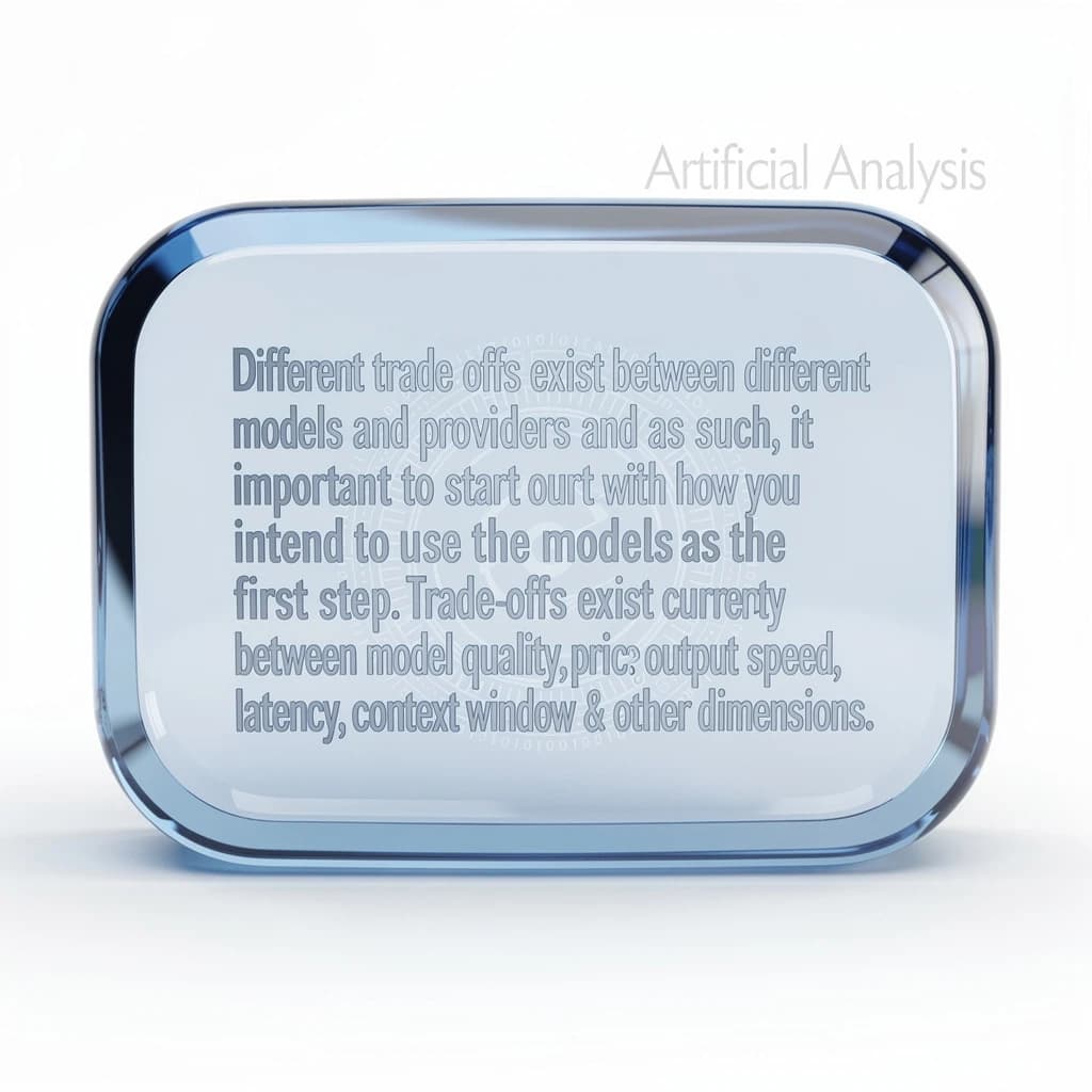 In a clear transparent blue glassy rounded box, etch "Different trade offs exist between different models and providers and as such, it is important to start with how you intend to use the model as the first step. Trade-offs exist currently between model quality, price, output speed, latency, context window & other dimensions. " in sans serif medium weight text. Artificial Analysis is watermarked over the top right 