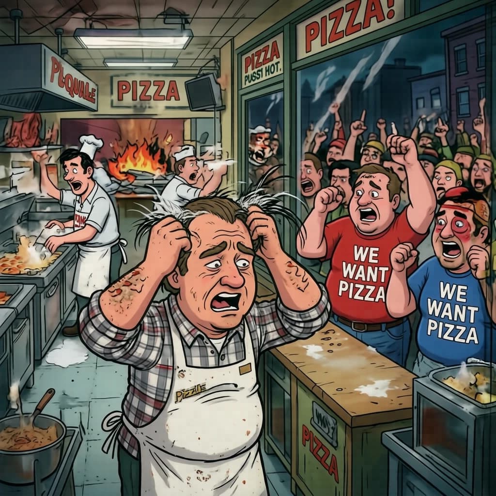Pasquale is pulling his few remaining hairs out over a disaster at the pizzeria - the cooks are working as fast as they can but the crowds outside are swelling and they demand hot hot pizza! They are banging on the glass and some are wearing "we want pizza" shirts. 1980s western TV animation style.
