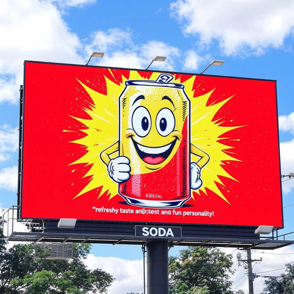 Design a bright soda billboard ad with a bubbly can mascot, thick inky lines.