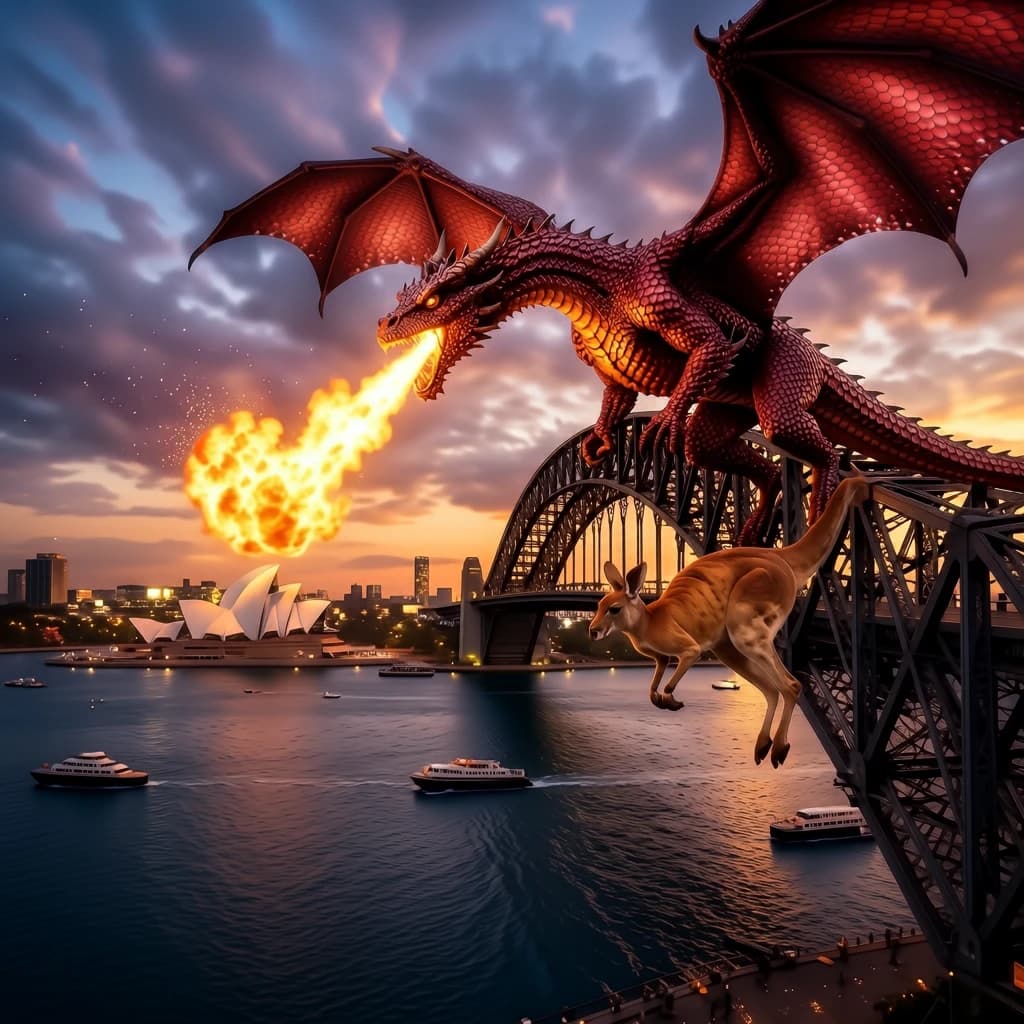 A dragon breathes fire at a kangaroo that is running away by climbing over the top of the Sydney Harbour Bridge. Opera House visible in the background.