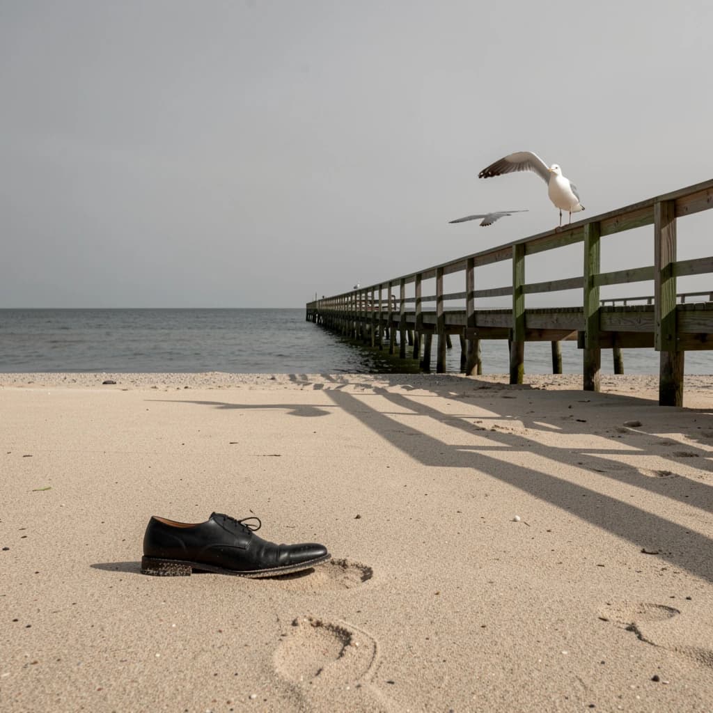 The beach is flat, sand beige, granular, no shells, except for a single left shoe, black leather, size eleven, half buried at an angle. The pier extends straight into the water, wood untreated, grain visible, though the support posts vanish before they touch the surface. The sky is uniformly gray, no clouds, yet shadows stretch at sharp diagonals. A single gull sits on the railing, wings outstretched, frozen mid-flap, no movement.