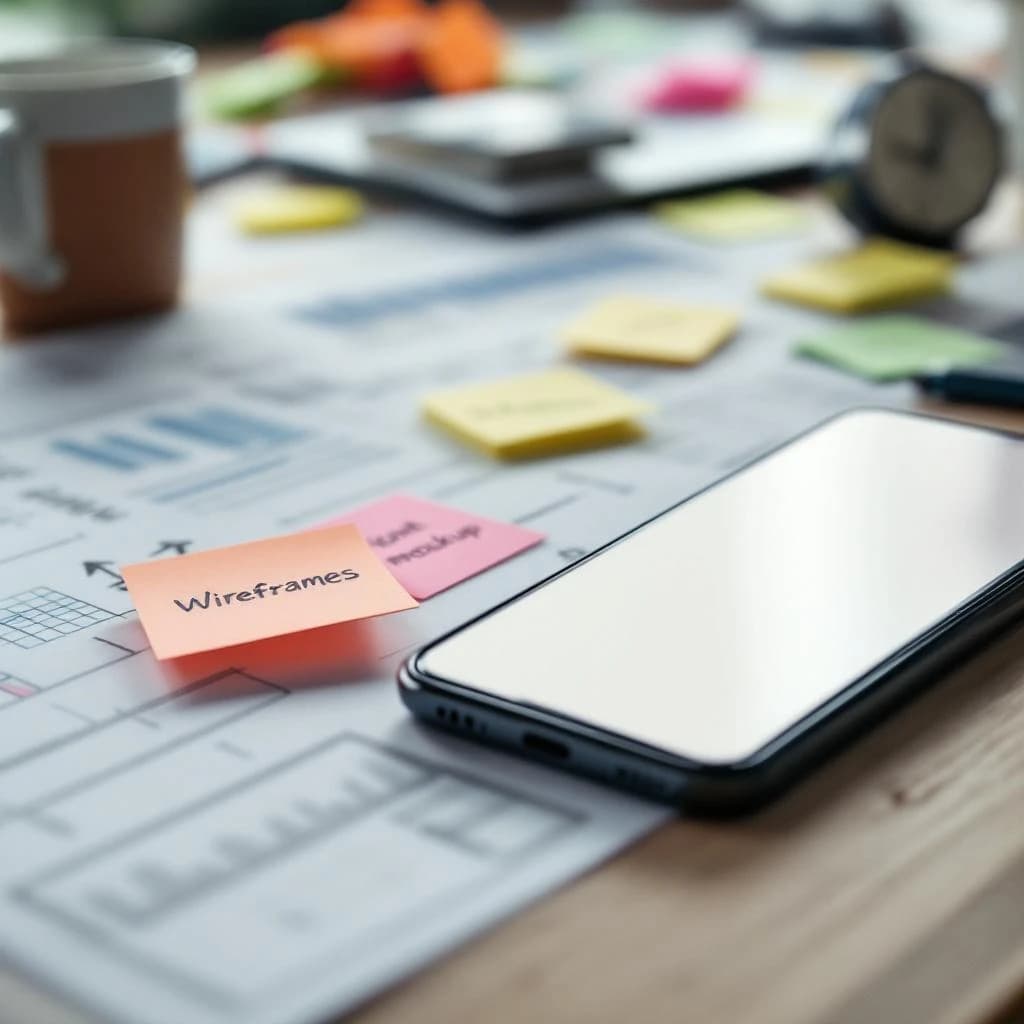 Close-up photo shows a messy desk, wireframes, sticky notes, mobile mockup, mug.