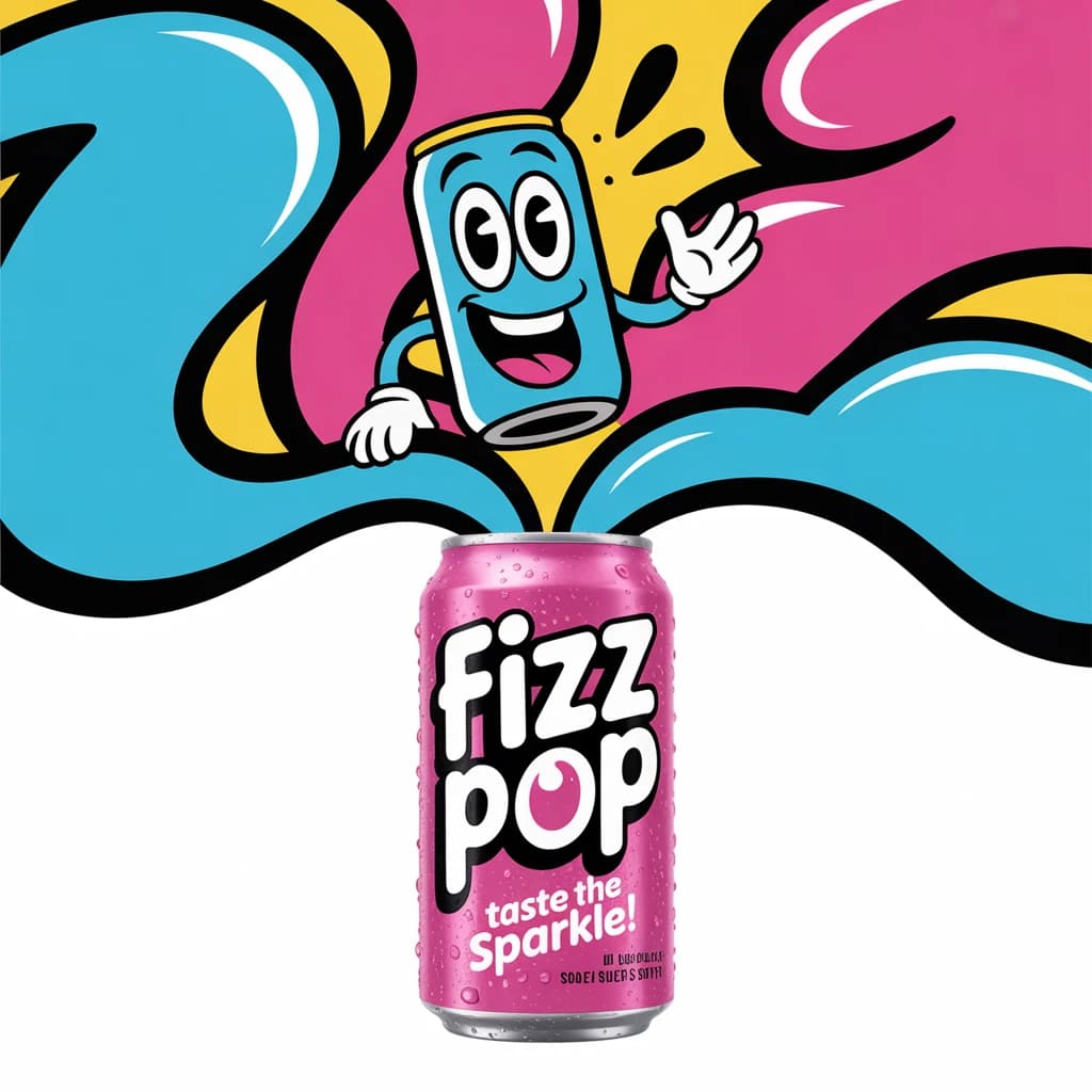 Design a bright soda billboard ad with a bubbly can mascot, thick inky lines.