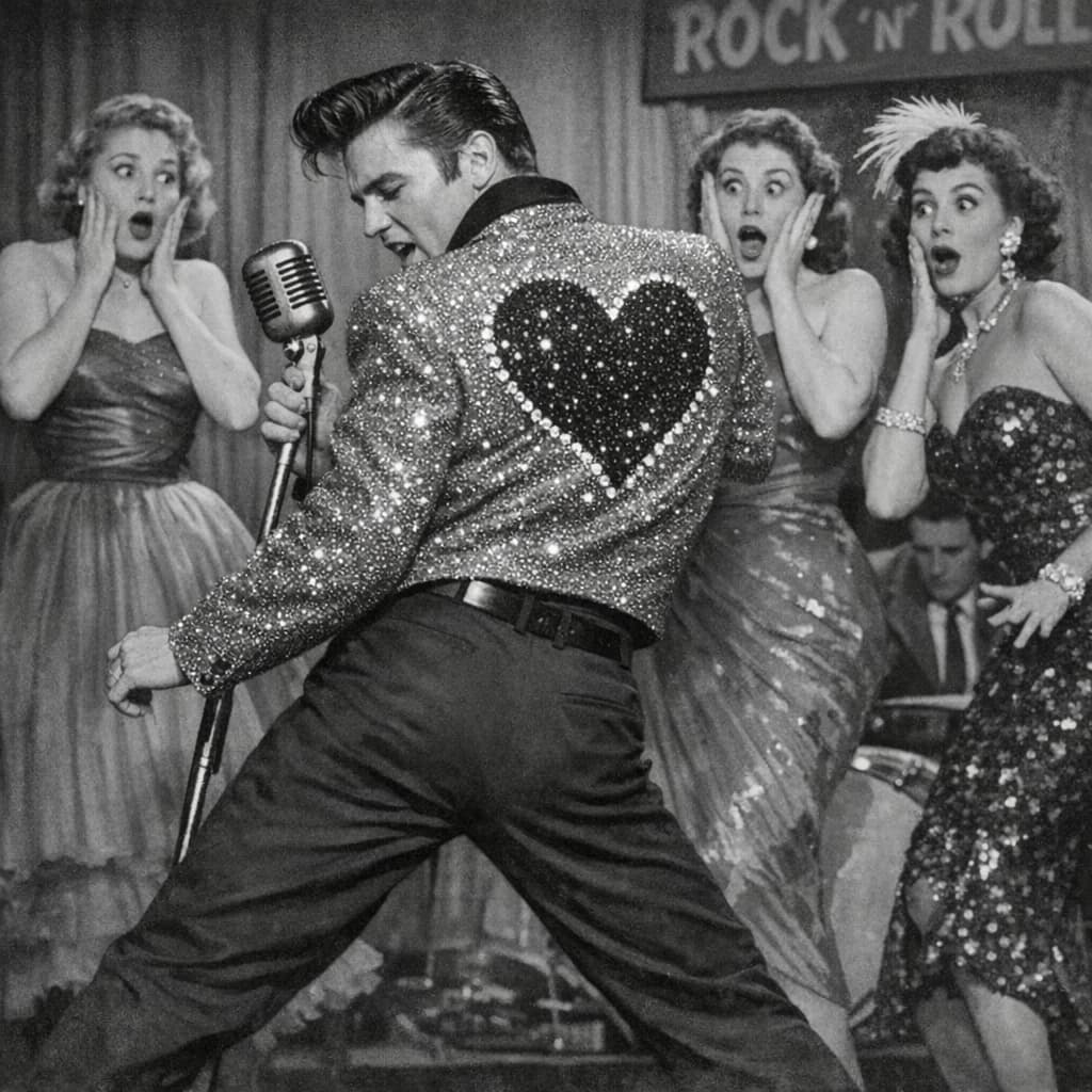 An archival image from 1953 of the rock singer swinging his hips on the stage while glamorous back up singers feign shock at his gyrations! He wears a diamond encrusted jacket with the stones arranged in the shape of a heart