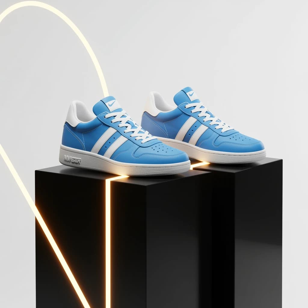 Make a polished 3D ad render: sneakers on glossy plinths, rim lighting.